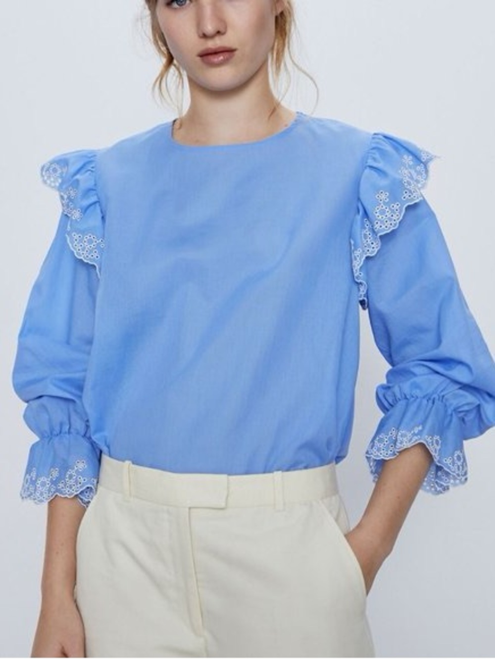 Zara Light Blue Eyelet Ruffle Blouse - Picture 1 of 7